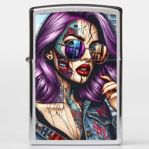 Colorful Abstract Pretty Lady with Purple Hair Zippo Lighter