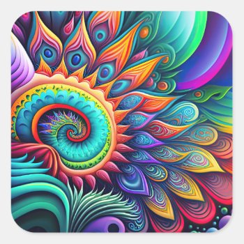 Colorful Abstract Psychedelic Beautiful Flower Square Sticker by PrettyPatternsGifts at Zazzle
