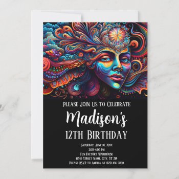 Colorful Abstract Psychedelic Face Spirit Smiling Invitation by PrettyPatternsGifts at Zazzle