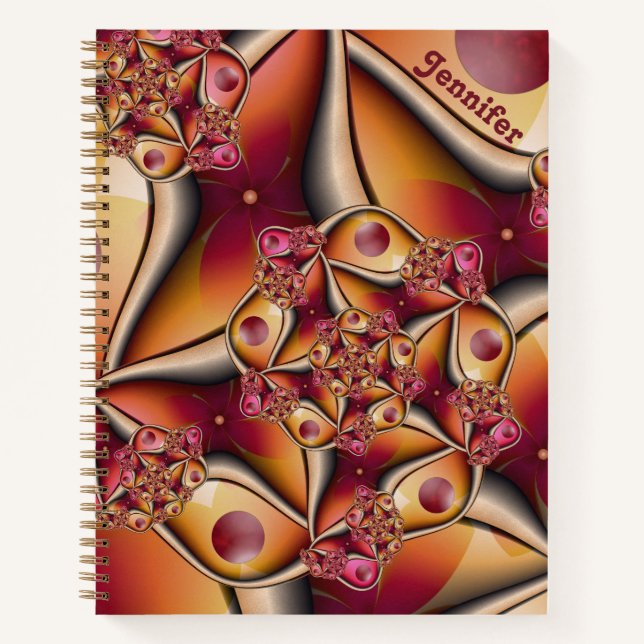 Colorful Abstract Red Orange Fantasy Fractal Name Notebook (Front)