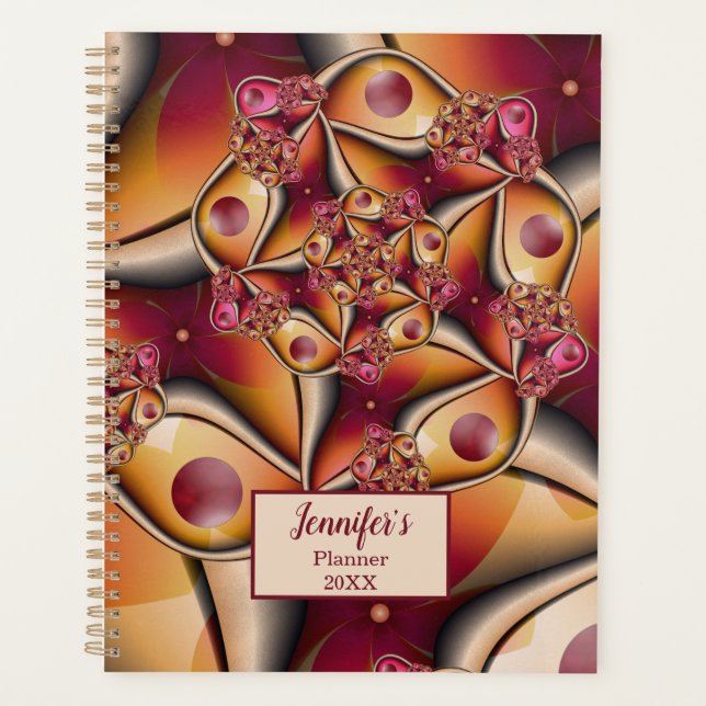 Colorful Abstract Red Orange Fantasy Fractal Name Planner (Front)
