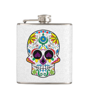 Colorful Abstract Retro Floral Sugar Skull Hip Flask