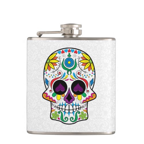 Colorful Abstract Retro Floral Sugar Skull Hip Flask