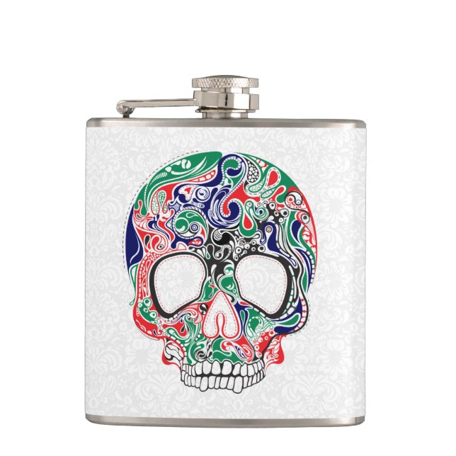 Colorful Abstract Retro Sugar Skull Hip Flask (Front)