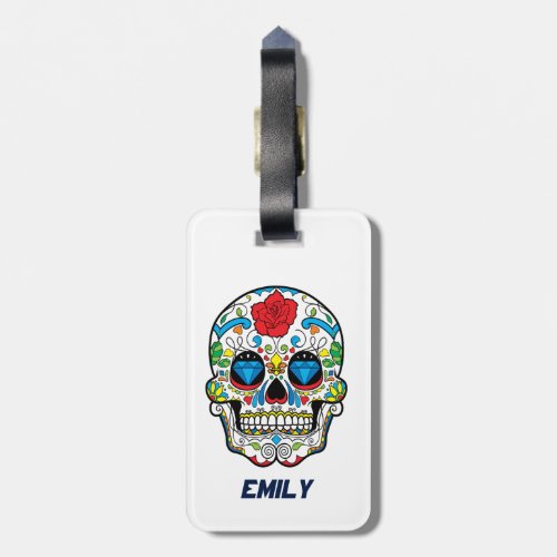 Colorful Abstract Retro Sugar Skull Red Rose Luggage Tag