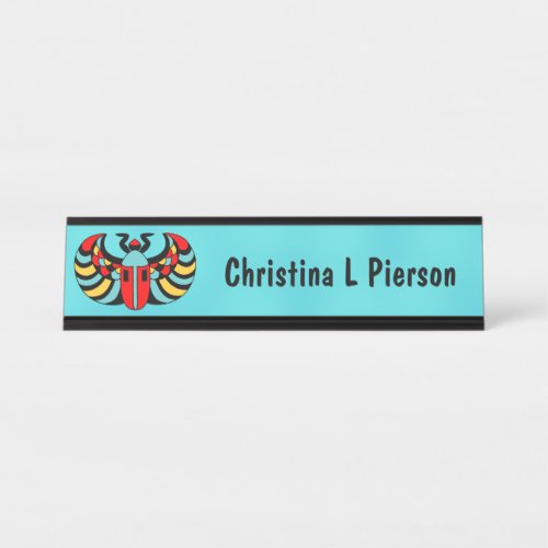 Colorful Abstract Scarab Beetle on Aqua Blue Desk Name Plate