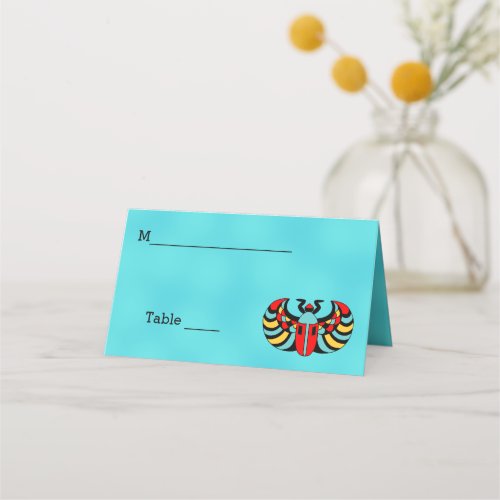 Colorful Abstract Scarab Beetle on Bright Aqua Place Card