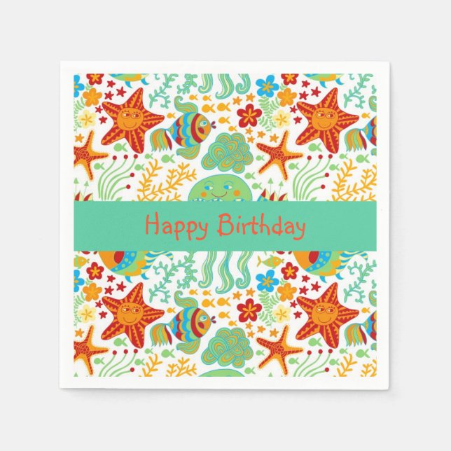 Colorful Abstract Sea Animals Cartoon Style Napkins (Front)