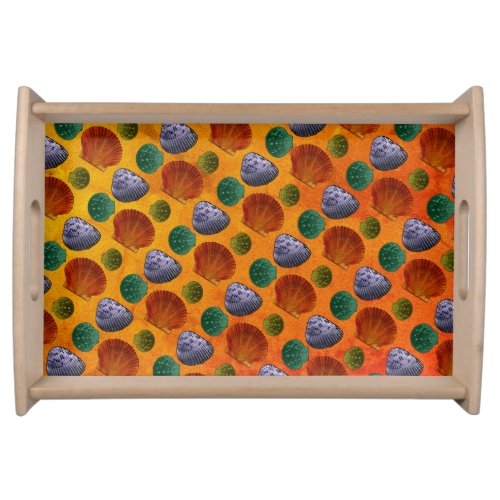 Colorful Abstract Seashells On Orange Beachy Serving Tray