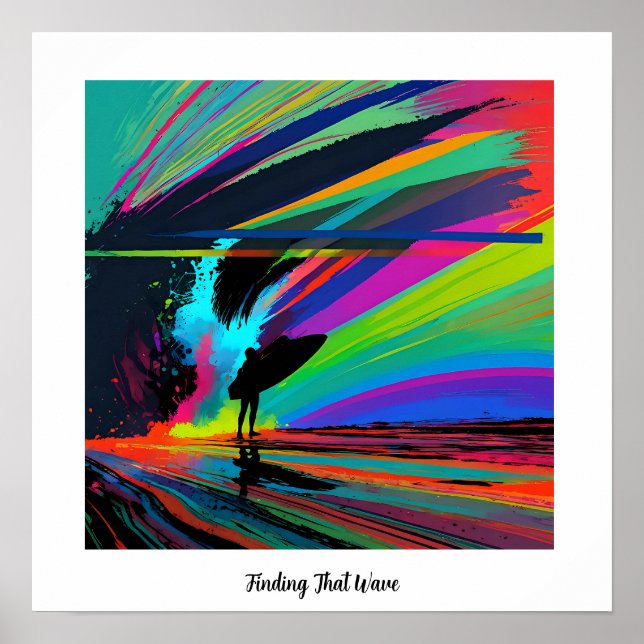 Colorful abstract silhouette surfer on beach poster (Front)