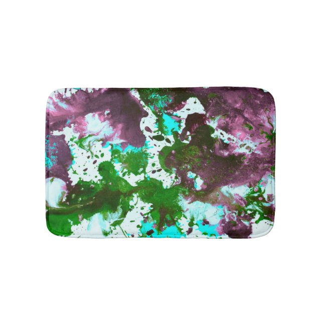 Colorful Abstract Splatter Paint Green and Purple Bath Mat (Front)