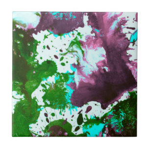 Colorful Abstract Splatter Paint Green and Purple Ceramic Tile