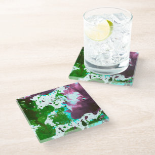 Colorful Abstract Splatter Paint Green and Purple Glass Coaster