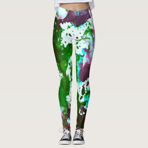 Colorful Abstract Splatter Paint Green and Purple Leggings