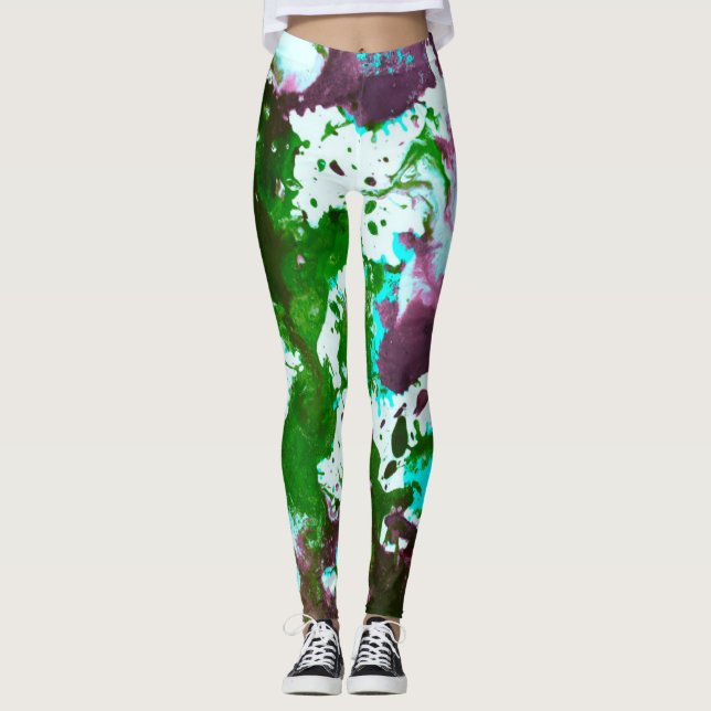 Colorful Abstract Splatter Paint Green and Purple Leggings (Front)