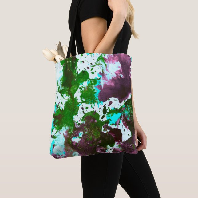 Colorful Abstract Splatter Paint Green and Purple Tote Bag (Close Up)
