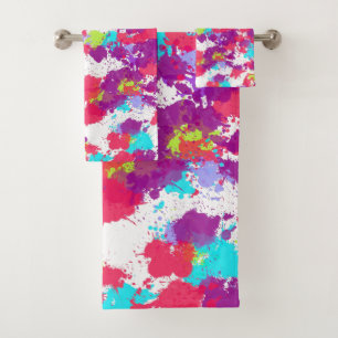 Colorful Abstract Splatter Paint, Red and Purple Bath Towel Set