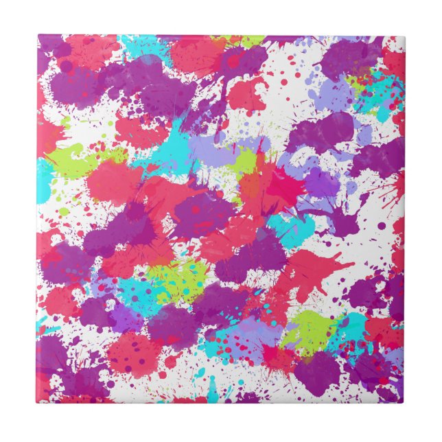 Colorful Abstract Splatter Paint, Red and Purple Ceramic Tile (Front)