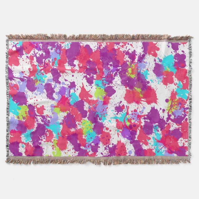 Colorful Abstract Splatter Paint, Red and Purple Throw Blanket (Front)