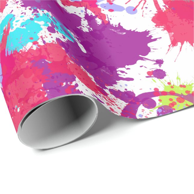 Colorful Abstract Splatter Paint, Red and Purple Wrapping Paper (Roll Corner)