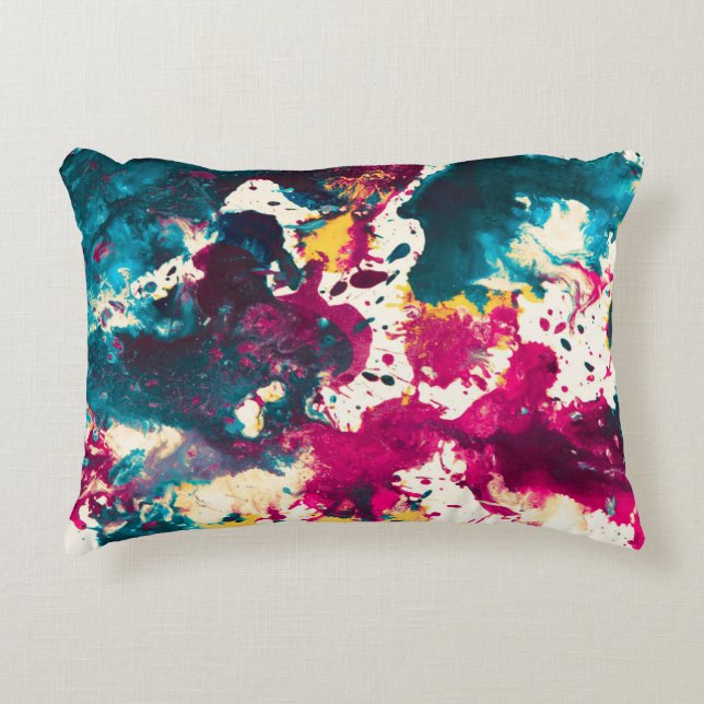 Colorful Abstract Splatter Paint Teal and Magenta Accent Pillow (Front)