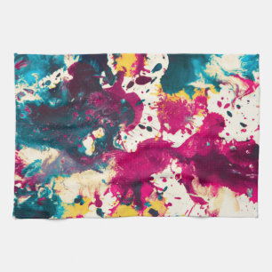 Colorful Abstract Splatter Paint Teal and Magenta Kitchen Towel