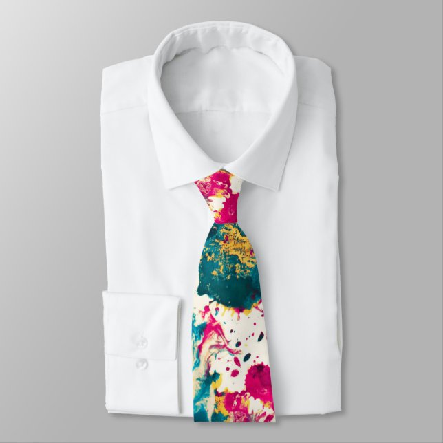 Colorful Abstract Splatter Paint Teal and Magenta Neck Tie (Tied)