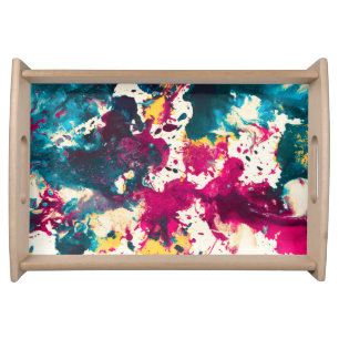 Colorful Abstract Splatter Paint Teal and Magenta Serving Tray