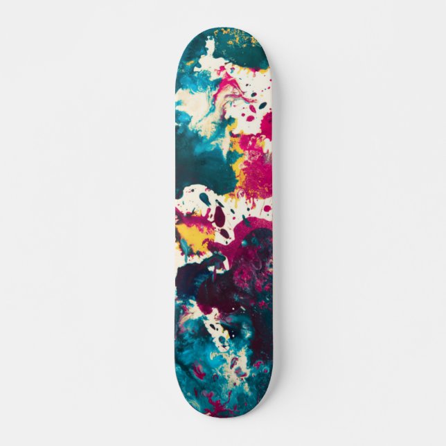 Colorful Abstract Splatter Paint Teal and Magenta Skateboard (Front)