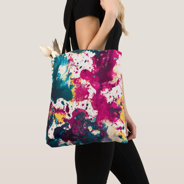Colorful Abstract Splatter Paint Teal and Magenta Tote Bag (Close Up)