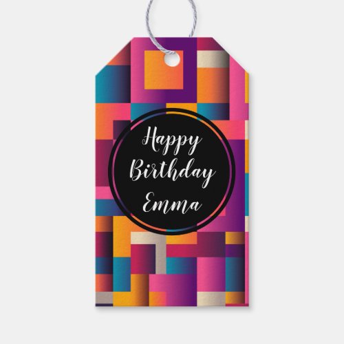 Colorful Abstract Squares and Shapes Birthday Gift Tags