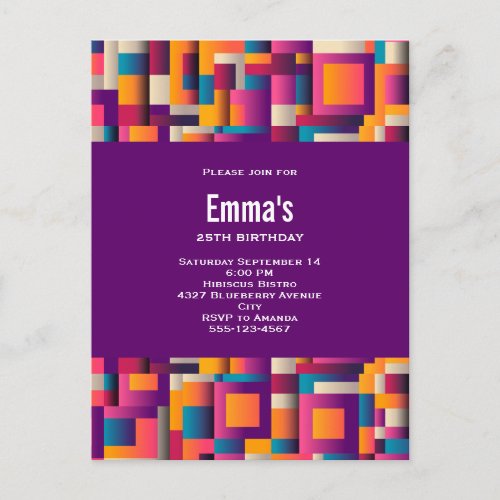 Colorful Abstract Squares and Shapes Birthday Invitation Postcard