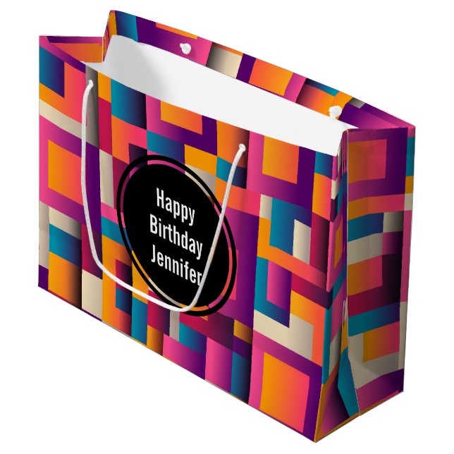 Colorful Abstract Squares and Shapes Birthday Large Gift Bag (Front Angled)