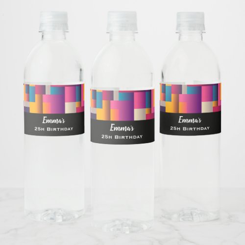 Colorful Abstract Squares and Shapes Birthday Water Bottle Label