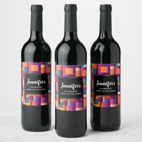 Colorful Abstract Squares and Shapes Birthday Wine Label