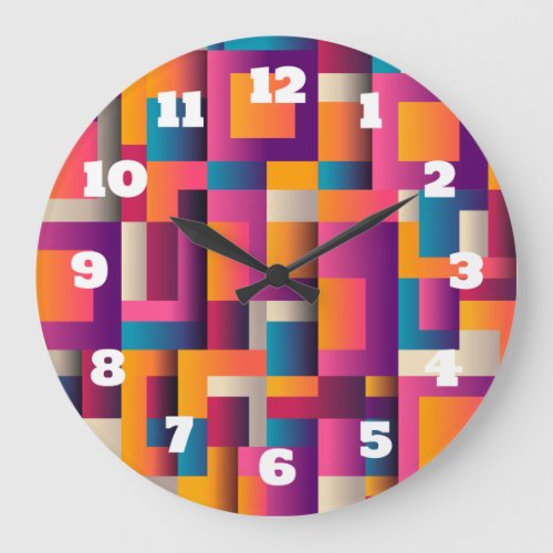 Colorful Abstract Squares and Shapes Large Clock