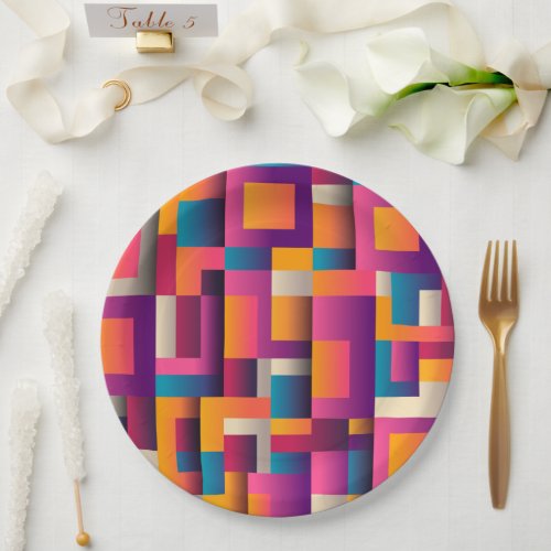 Colorful Abstract Squares and Shapes Paper Plates