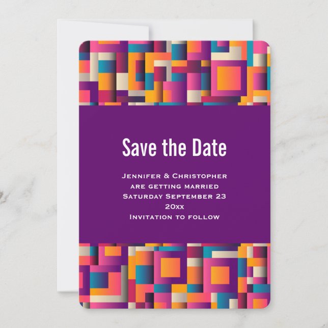 Colorful Abstract Squares and Shapes Wedding Save The Date (Front)