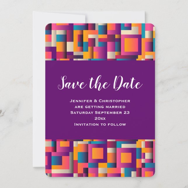Colorful Abstract Squares and Shapes Wedding Save The Date (Front)
