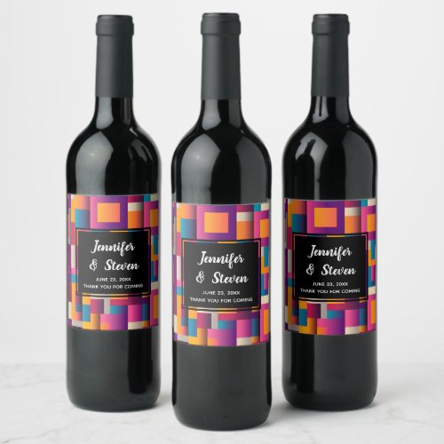 Colorful Abstract Squares and Shapes Wedding Wine Label