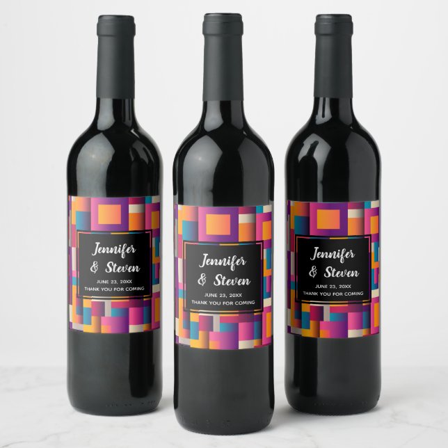Colorful Abstract Squares and Shapes Wedding Wine Label (Bottles)