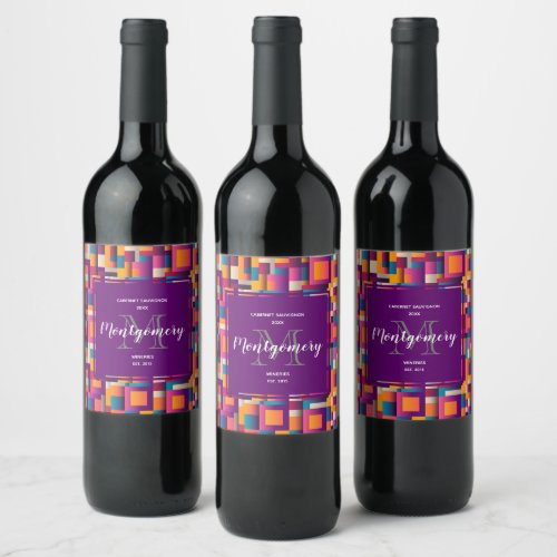 Colorful Abstract Squares and Shapes Wine Making Wine Label