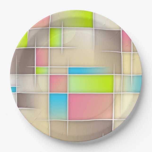 Colorful Abstract Squares Geometric Pattern Paper Plates (Front)