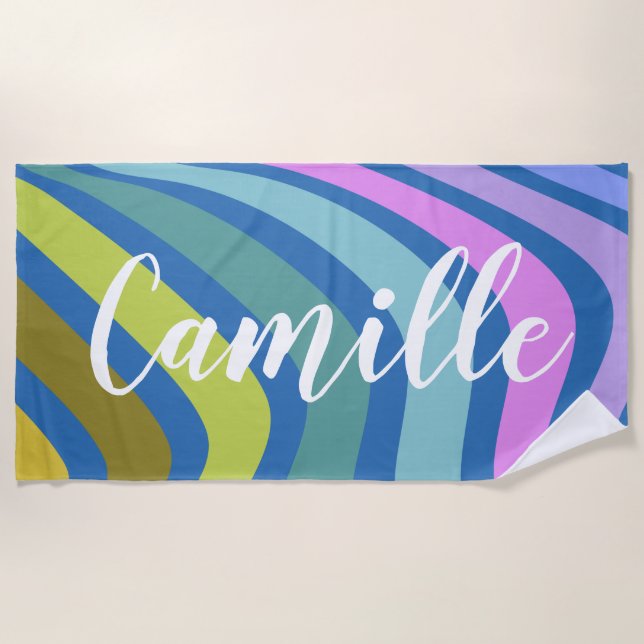 Colorful Abstract Squiggle Swirls Personalized Beach Towel (Front)
