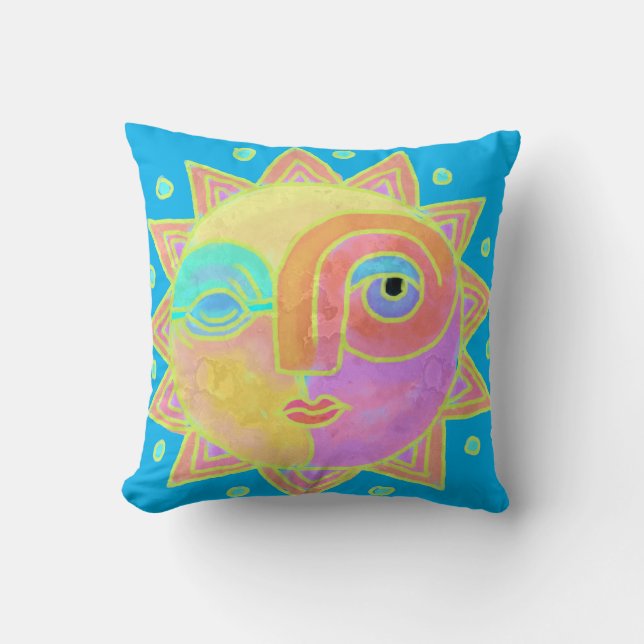 Colorful Abstract Sun Face Throw Pillow (Front)