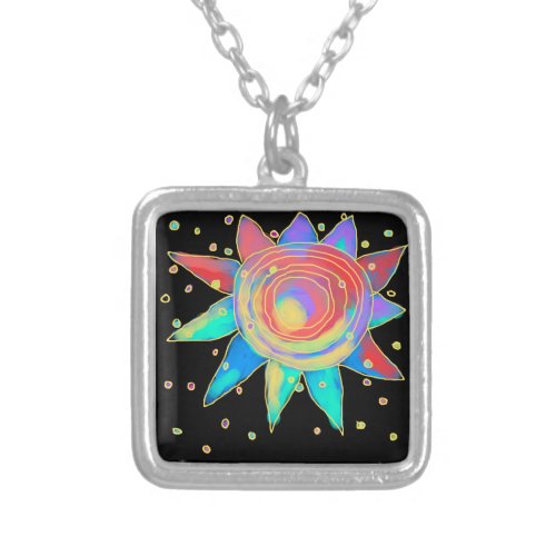 Colorful Abstract Sun Wearable Art Silver Plated Necklace