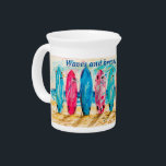 Colorful Abstract Surfboard Beach Party Beverage Pitcher<br><div class="desc">This surfer beverage pitcher has crayon color effect image of surfboards stuck in the sandy beach vertically. It comes with customizable text, "Waves and brews, the perfect crew." It's the perfect addition to a party, especially those who like the beach and surfing. Let me know if you have any questions....</div>