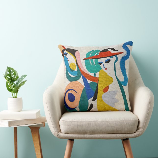 Colorful Abstract Surreal Woman Red Hat Art Throw Pillow (Chair)