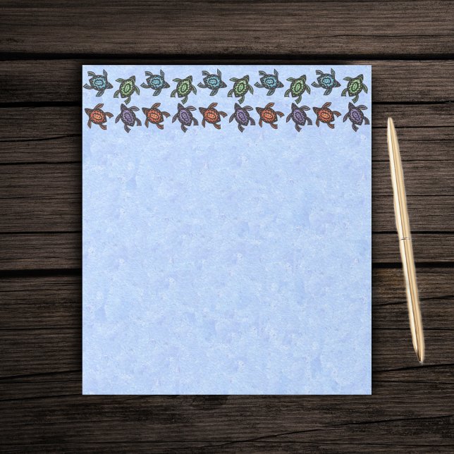 Colorful Abstract Swimming Turtles Notepad (Rows of abstract black turtles with coloured shells on light blue paper notepad.)