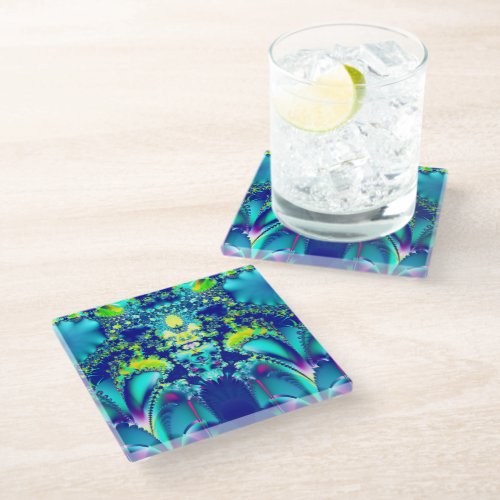 Colorful Abstract Symmetrical Fractal Art Glass Coaster